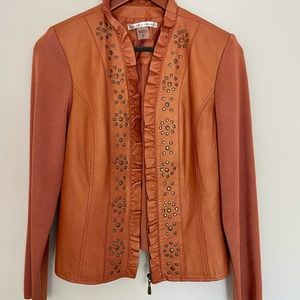 Peter Nygard Cognac Leather/Knit Studded Jacket - Size Small